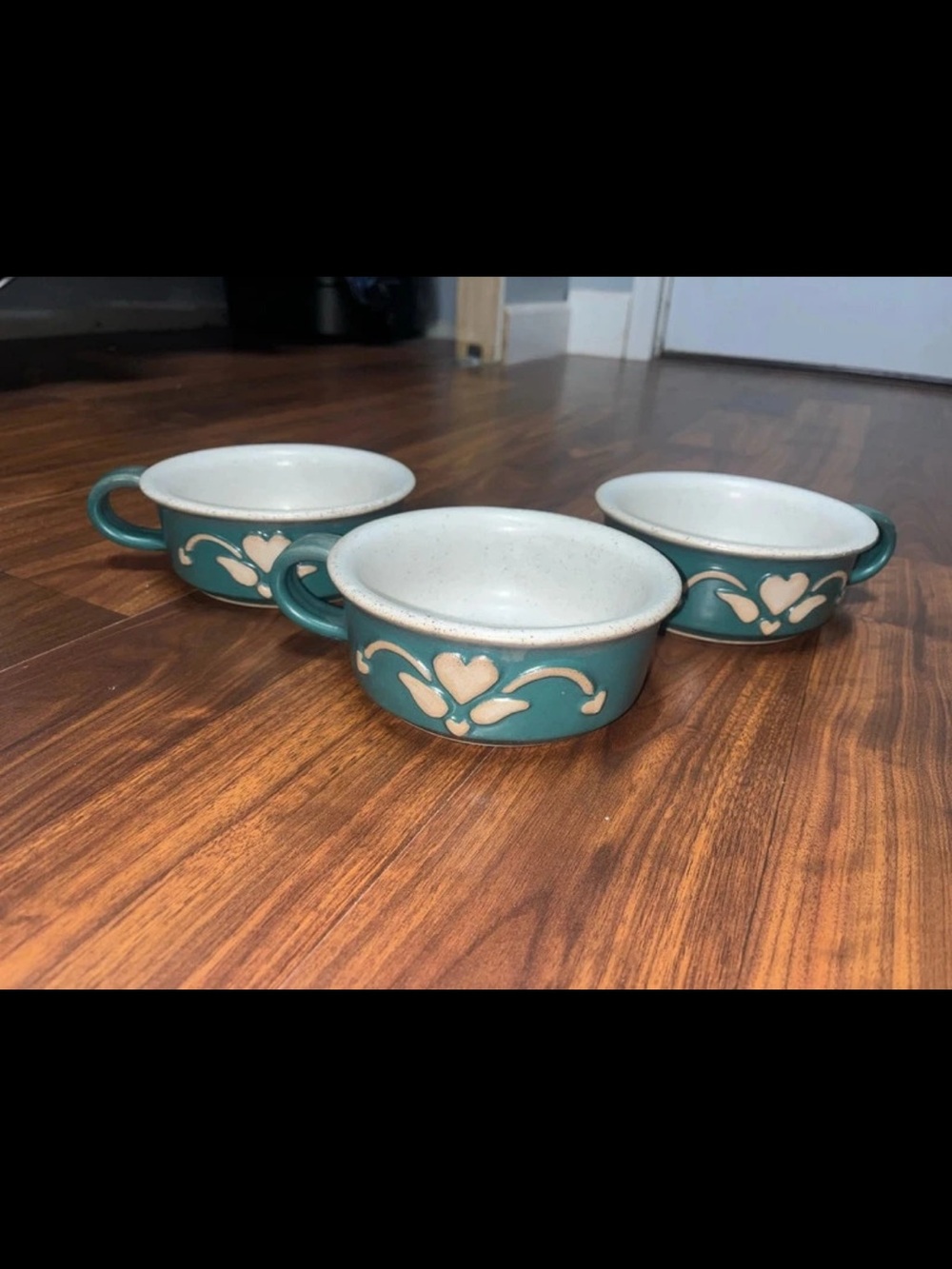 Teal Ceramic Heart-Accent Soup Bowls with Handles - Set of 3